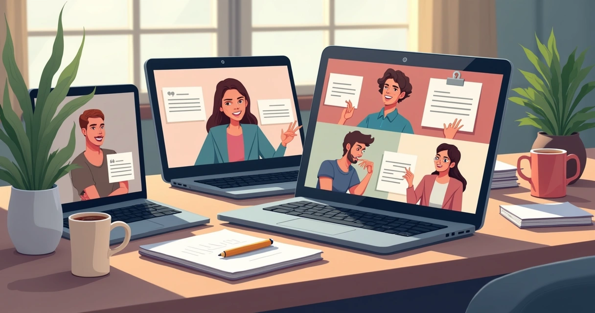 Laptop screens showing remote team video call with diverse people