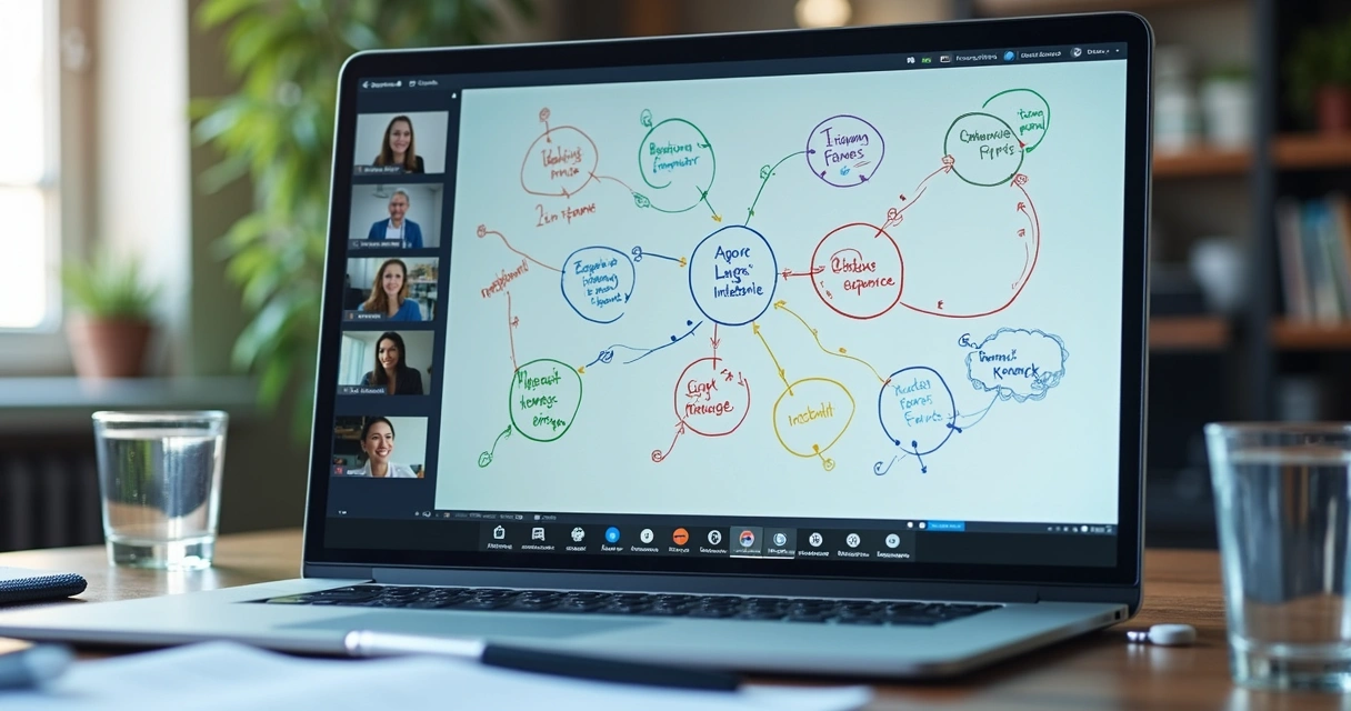 Digital whiteboard showing a remote team constellation with names, circles, and connection lines 