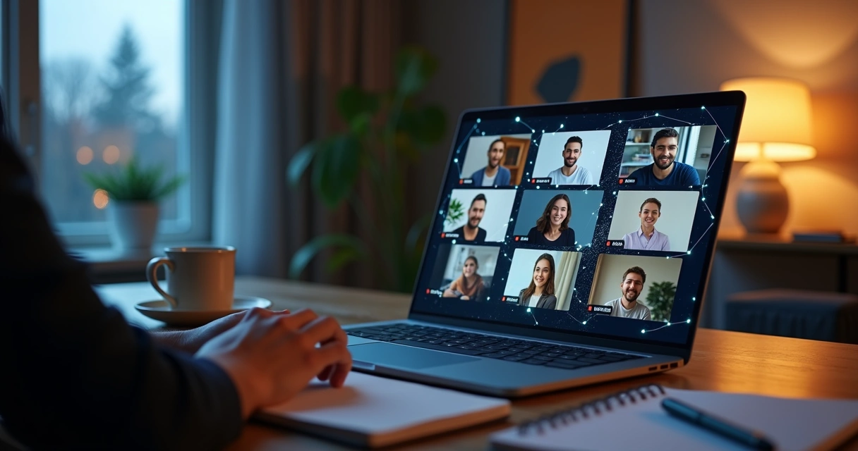 Remote team video call with constellation-style connection lines on screen 