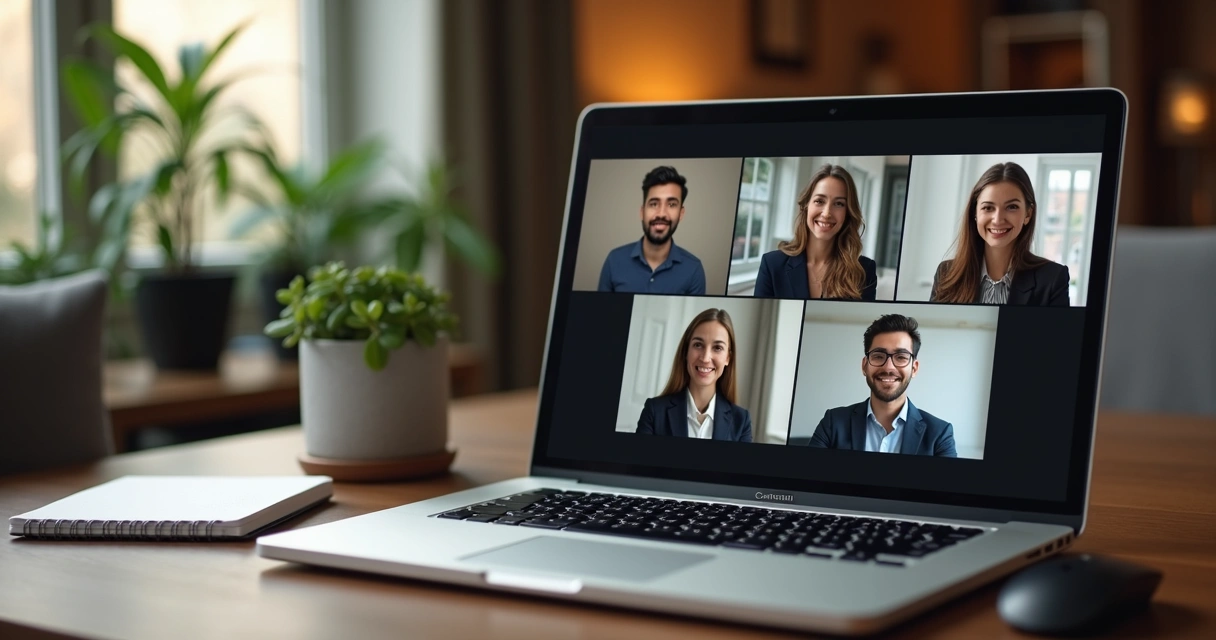 Remote team chatting via video conference on desktop screen 