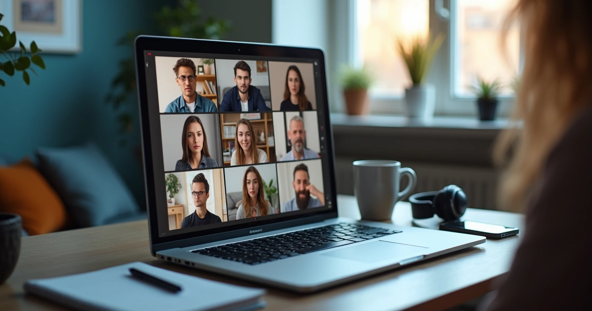 Remote team on video call showing mixed emotional reactions on screens 