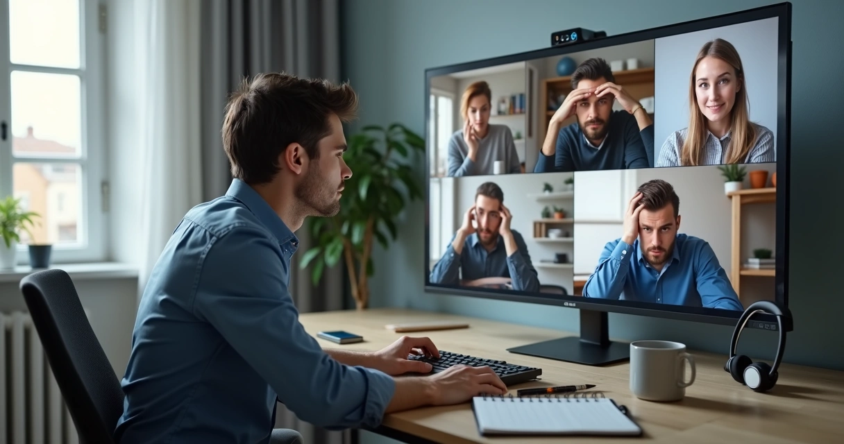 Manager observing remote team video call noticing emotional fatigue signs 