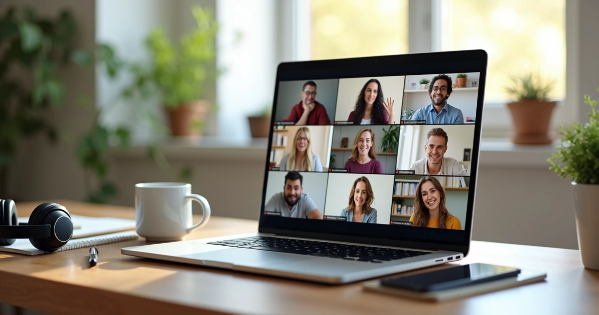 Remote team video call with calm collaborative atmosphere 