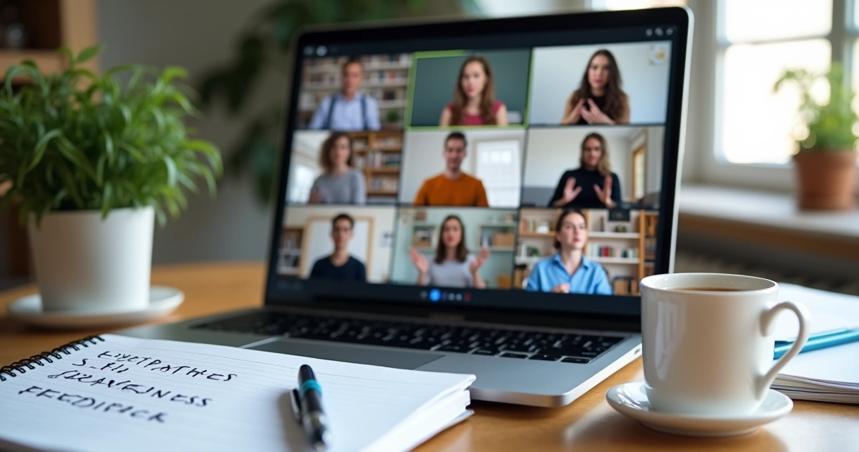 Remote team in video call practicing emotional maturity and collaboration 