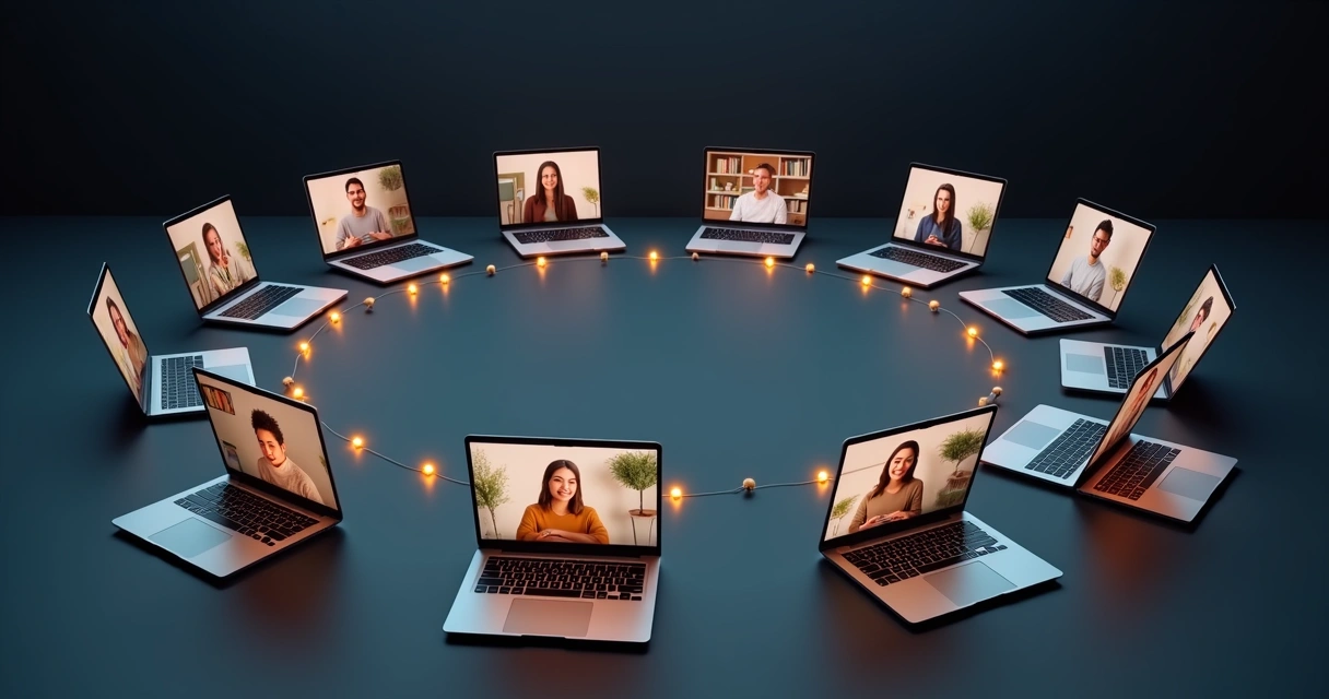 Remote team in video call forming a circle of connected laptop screens 