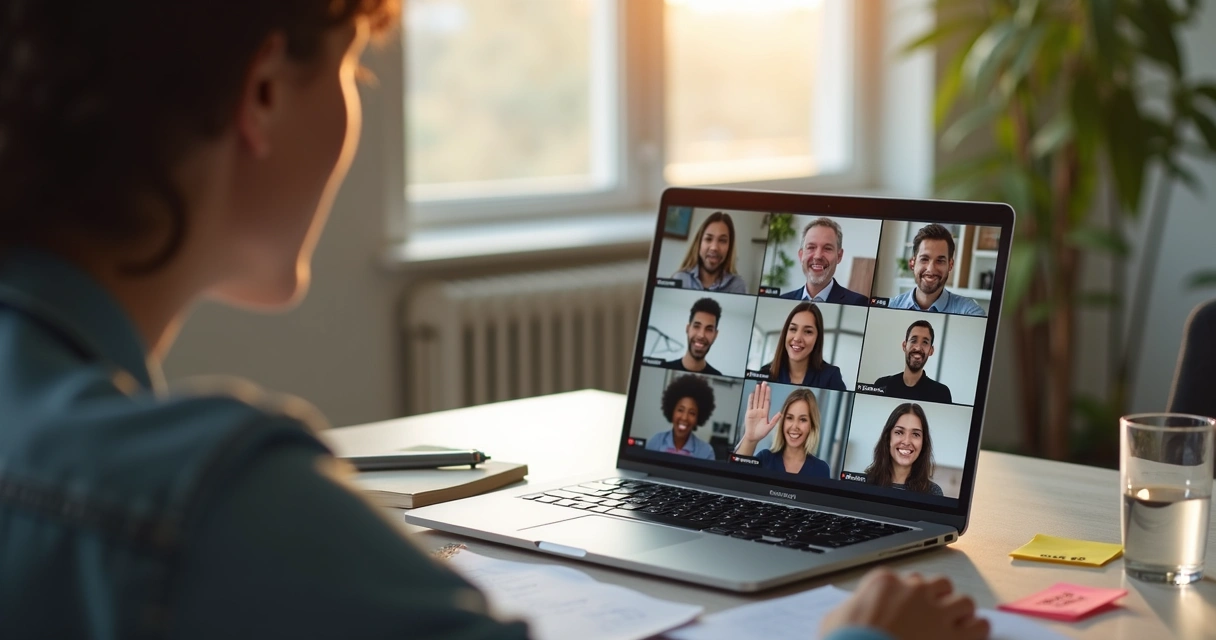 Remote team meeting with a leader inviting open discussion on screen