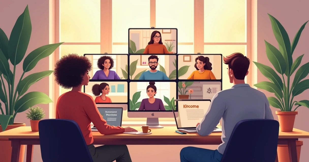 Remote team gathered for a digital meeting, setting goals together