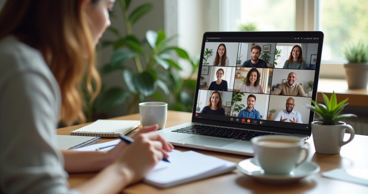 Remote team in a warm video meeting with notes and plants