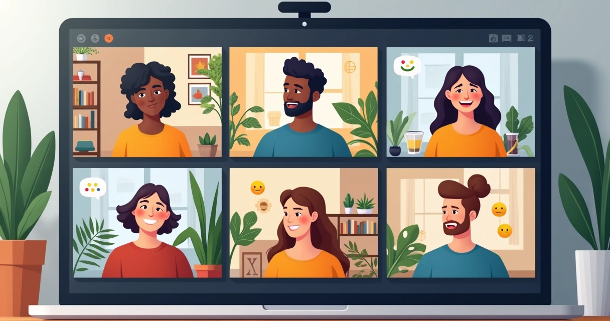 Remote team meeting with diverse members on video call, all appearing engaged 