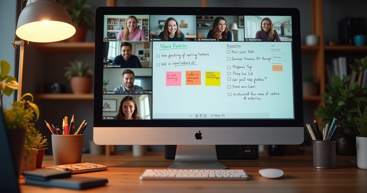 Remote team video meeting with digital sticky notes and shared expectations discussion. 