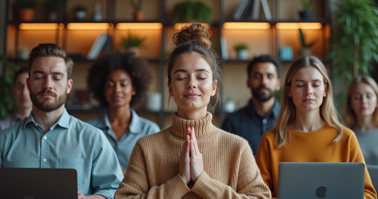 Remote team members meditating before a video call 