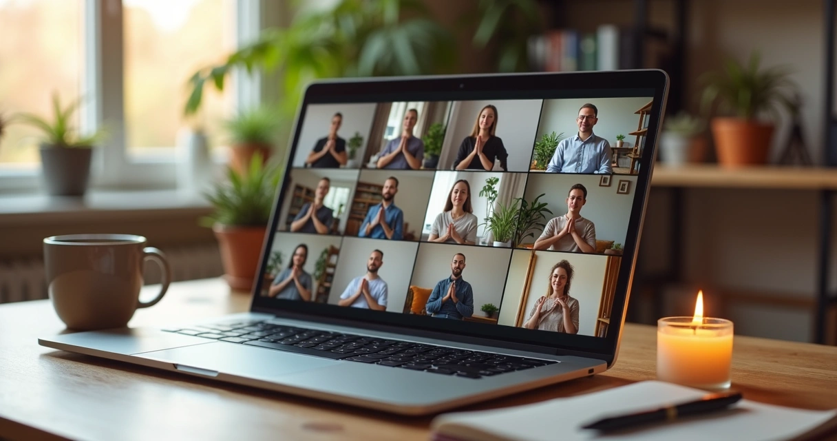 Distributed team on video call practicing a shared mindful breathing ritual 