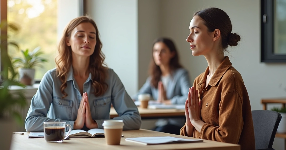 Remote team members meditating together via video call 