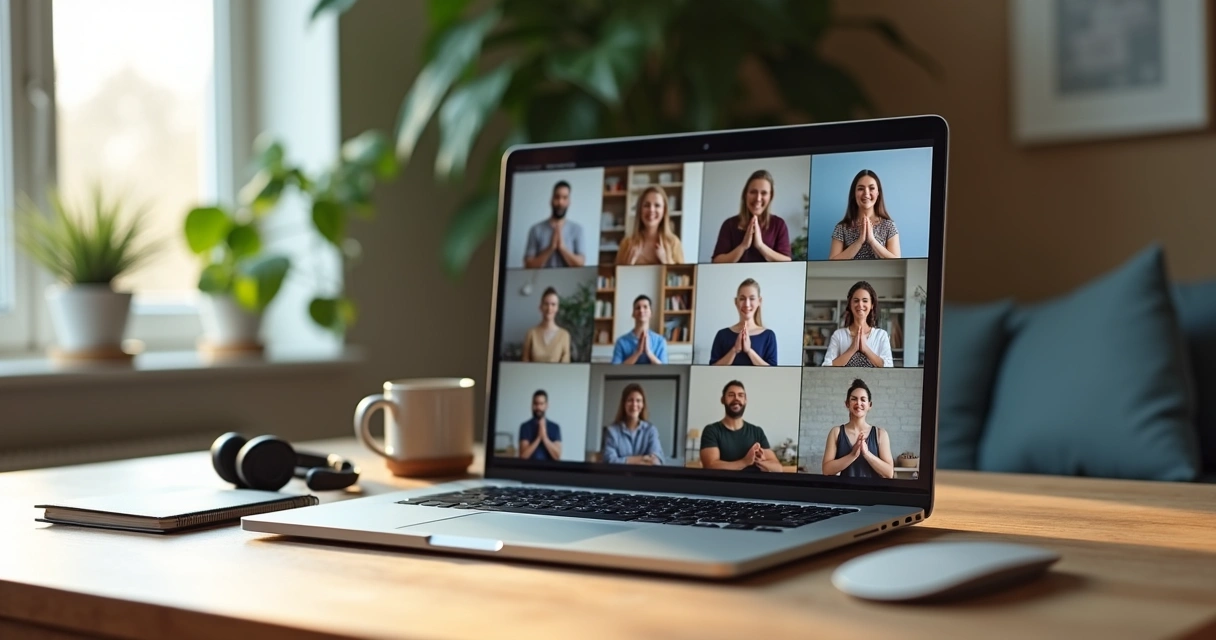 Remote team practicing mindfulness together during a video meeting 