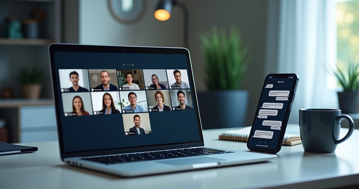 Laptop showing team call beside private chat notifications