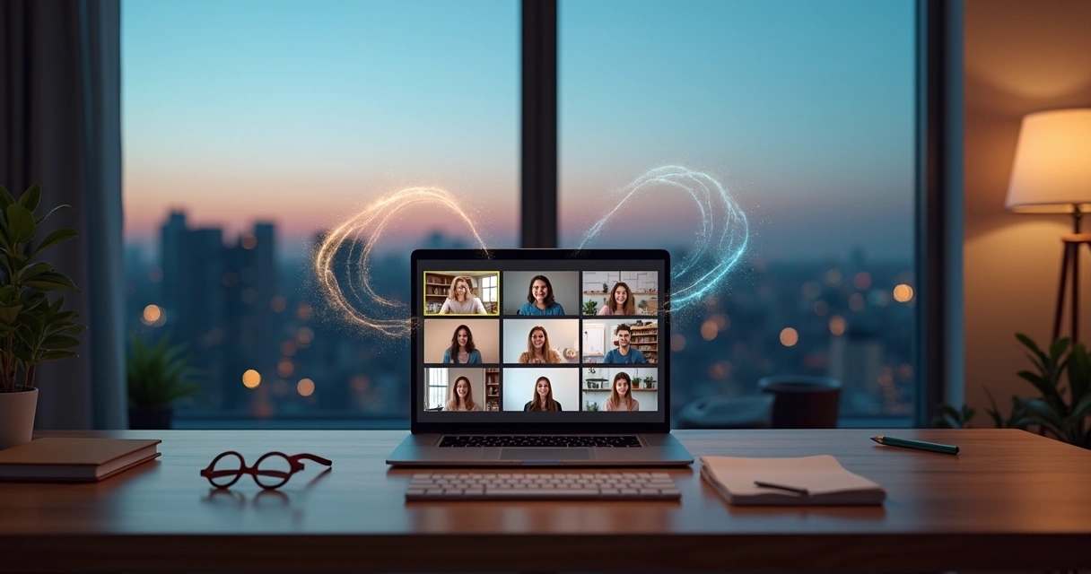 Remote team on screens connected by glowing lines forming a galaxy pattern 