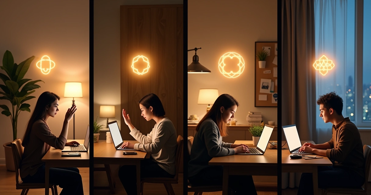 Remote teammates in different homes sharing a glowing symbol of purpose between their screens 