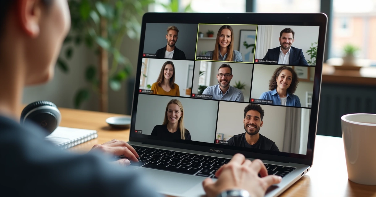 Remote team video call with one muted participant and tense body language 