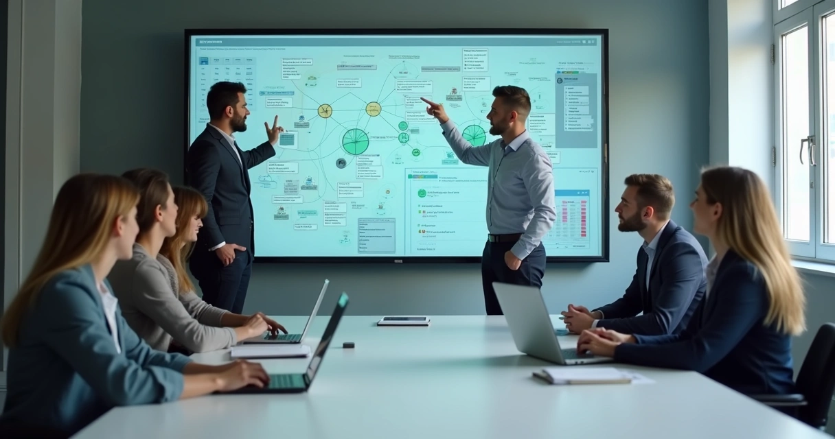 Remote team reviewing a system map on a large screen 