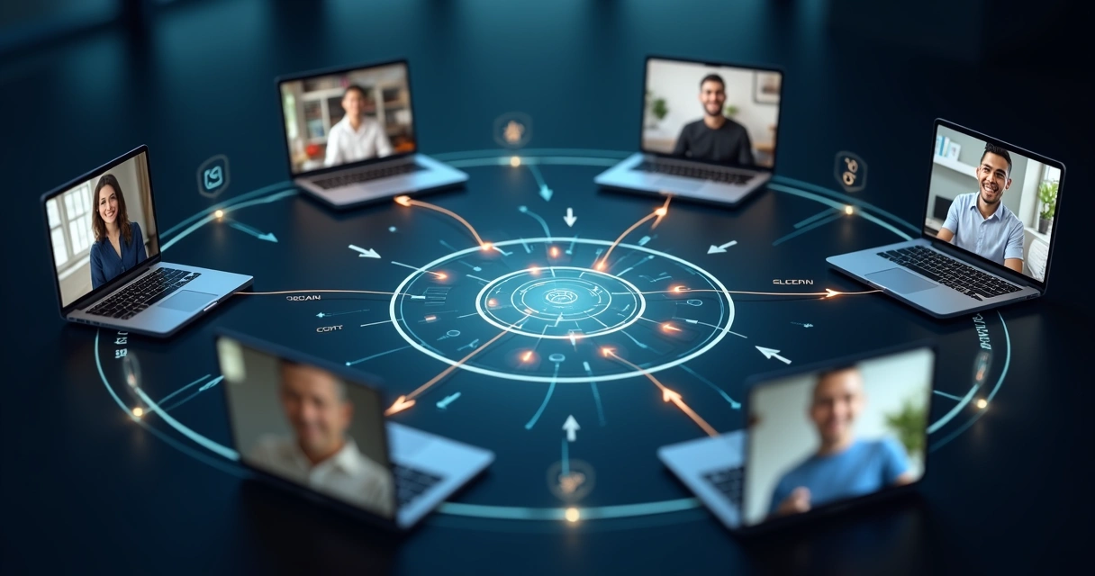 Remote teammates on floating screens linked by circular feedback arrows 