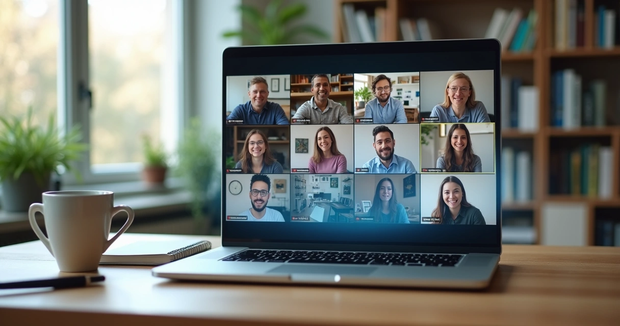 Remote team on video call with split-screen showing visible collaboration and hidden emotional tensions 