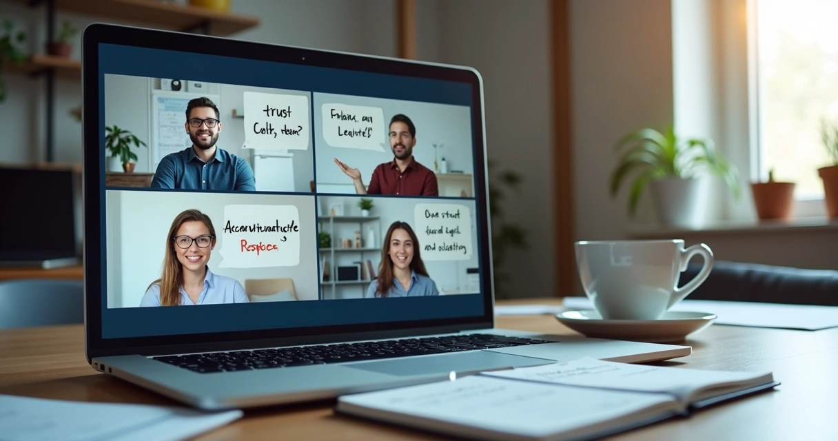 Remote team in a video call reviewing shared values on screen 