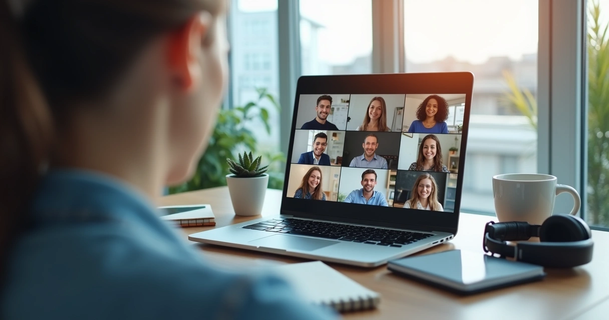 Remote team in a video meeting on laptop screens 