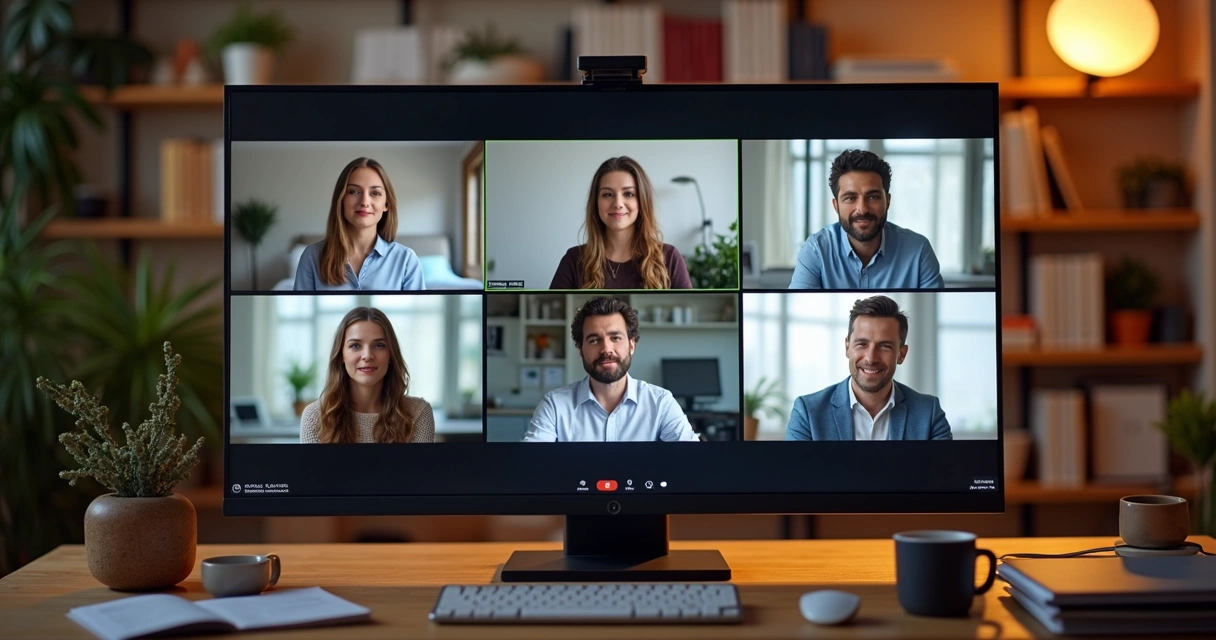 Remote video call with multiple team members visible on screen with thoughtful expressions