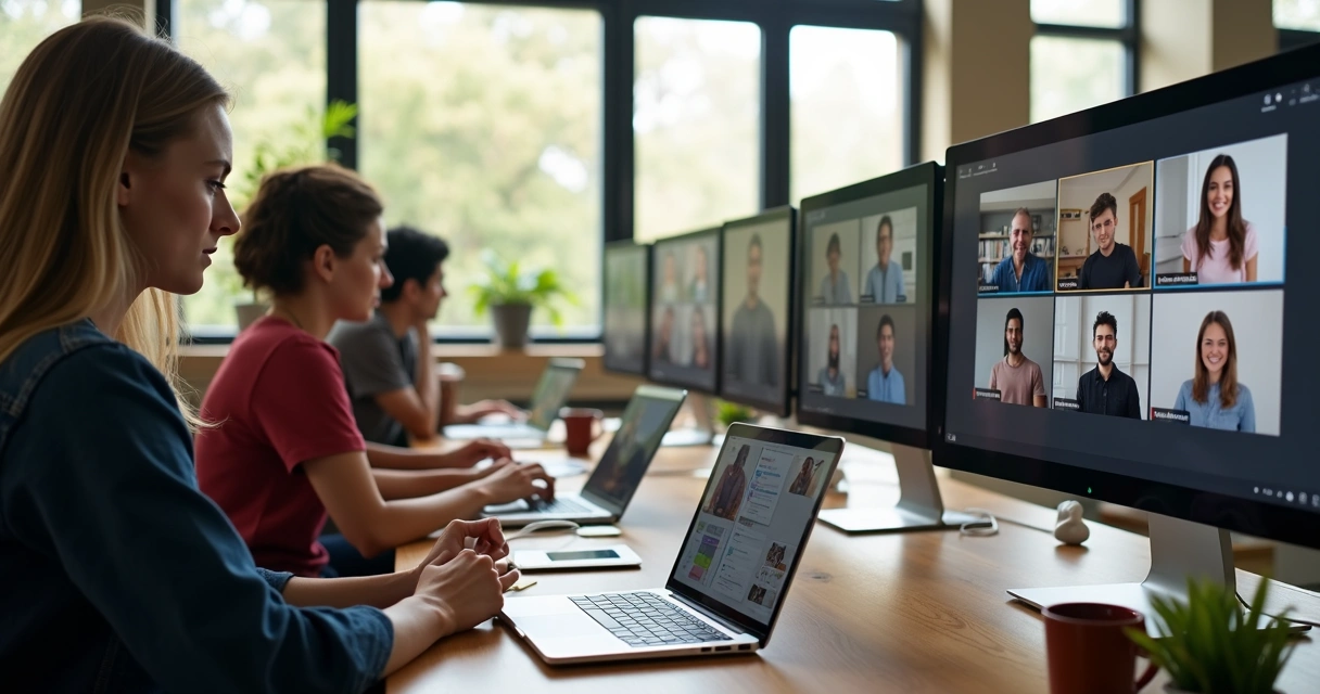 Team of diverse people in a video call on laptops 