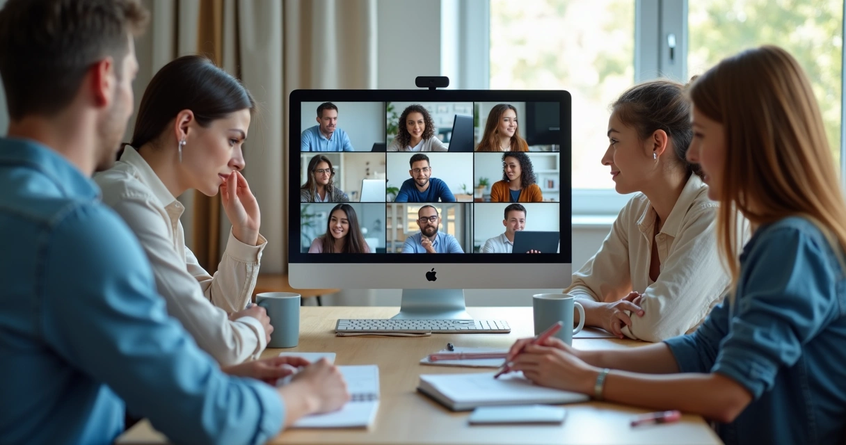 Remote team in a video meeting with shared notes on screen 