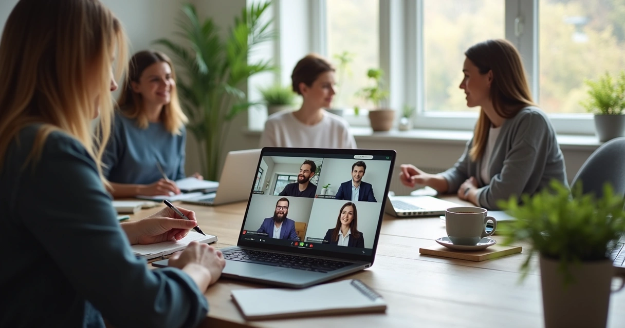 Remote team in a video check-in meeting on laptops 