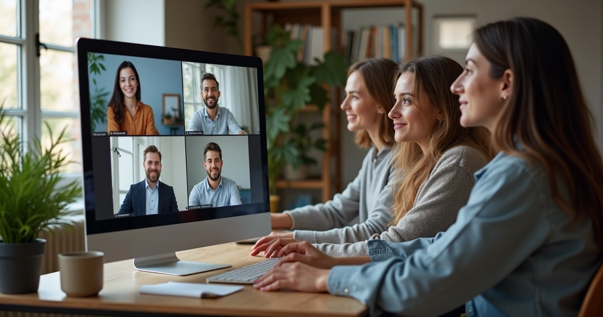 Remote team on video call at home desks 