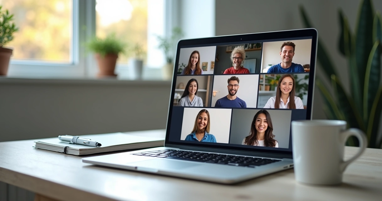 Remote team in a video meeting with shared notes on screen