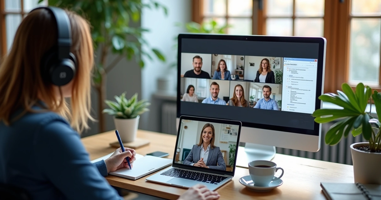 Remote team in a video meeting with shared notes on screen 