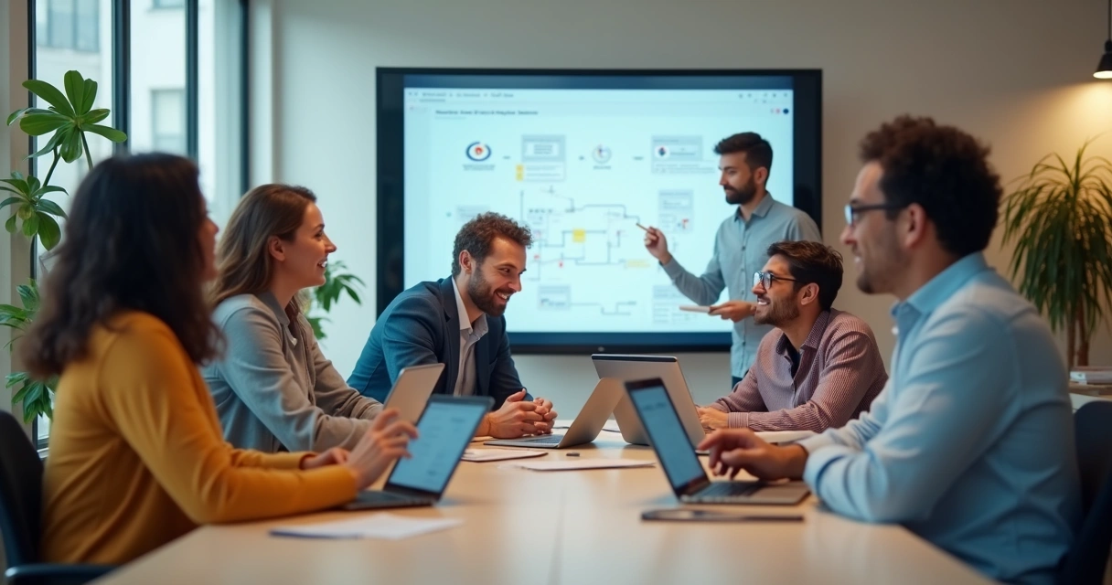 Remote team on video call with open laptops and shared screen