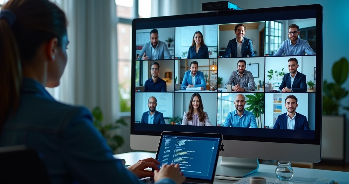 Remote technology team discussing compliance on video call 
