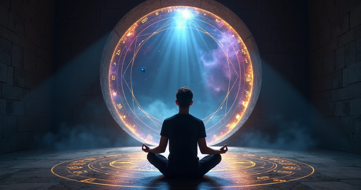 Person meditating in front of a glowing cosmos portal 