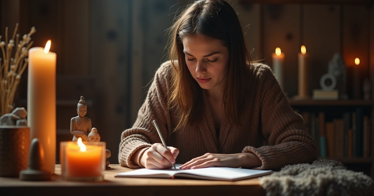 Person seated at small desk with notebook, candles and spiritual objects, relaxed ambiance, soft glow 