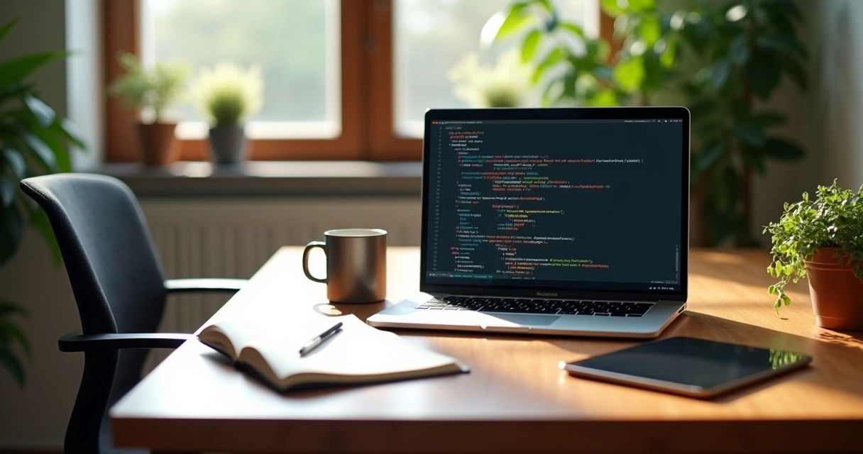 Home office workspace of a remote web developer with laptop, notebook, and code on screen