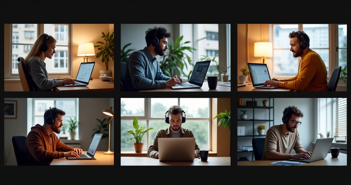 Team video call with developers working remotely at their laptops