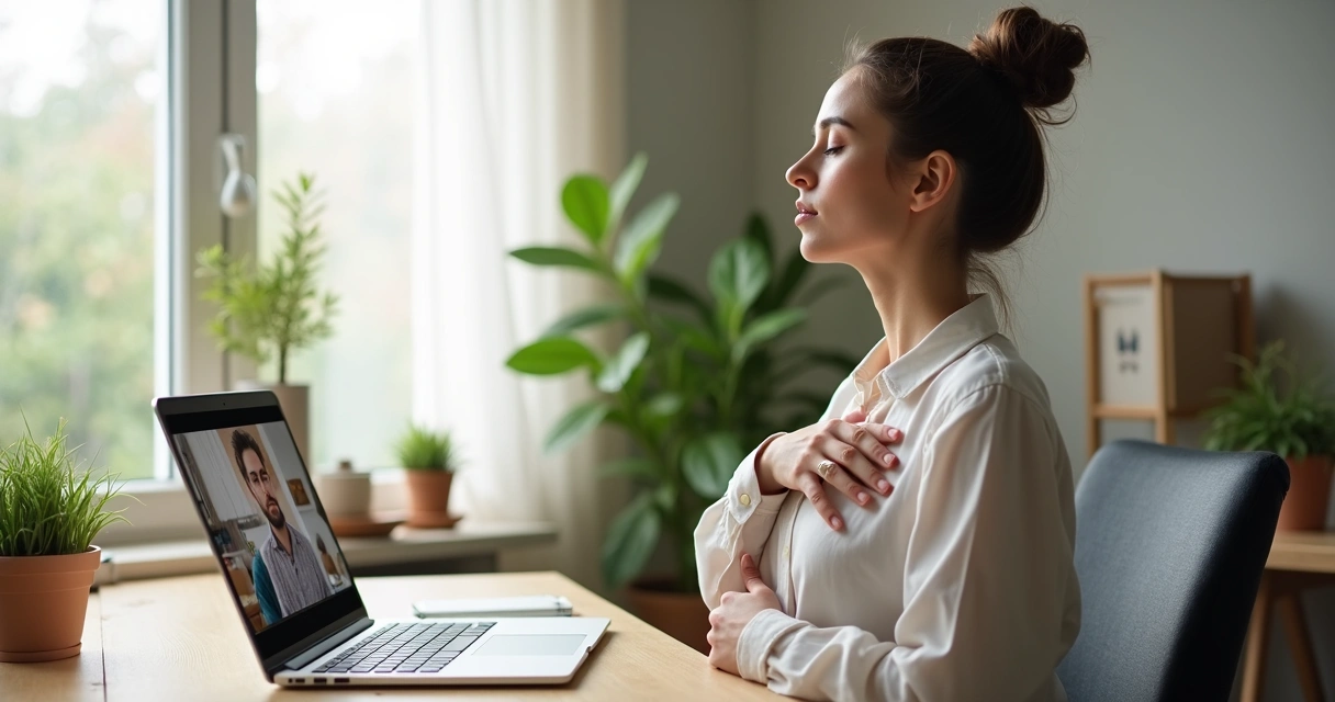 Person sitting at desk with hands on chest, eyes closed, before starting remote meeting.