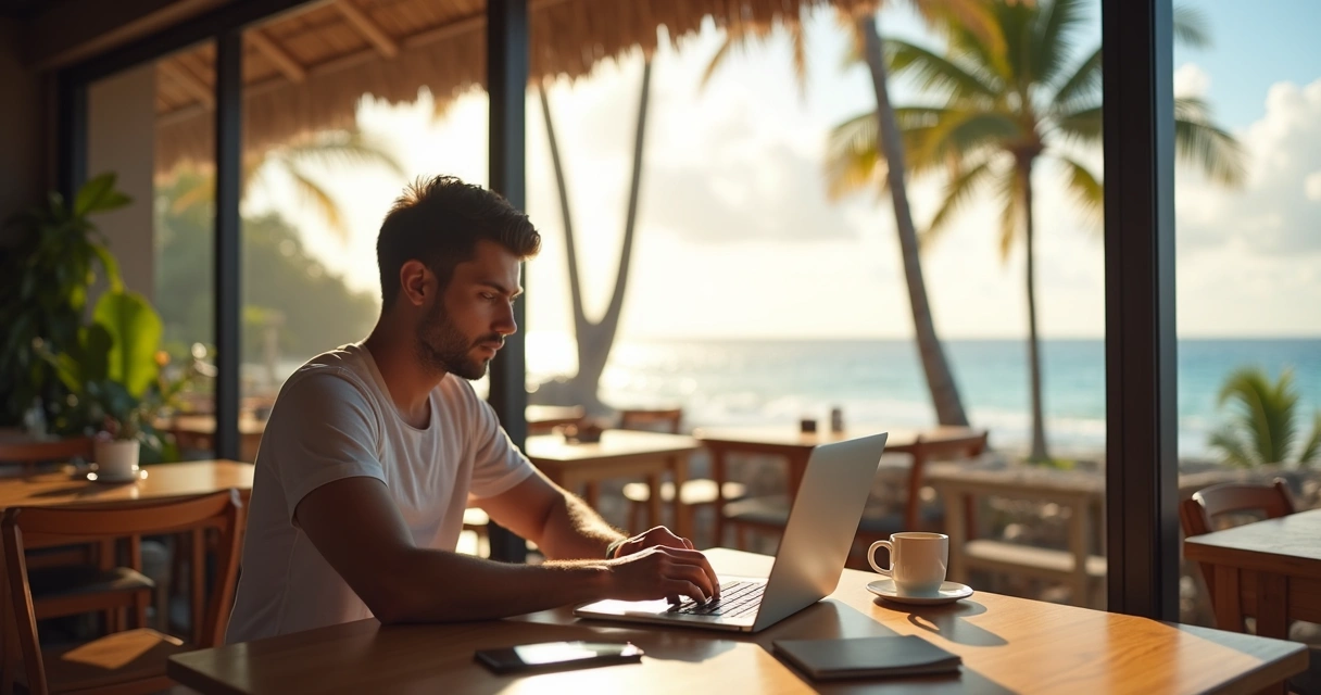 Digital nomad developer coding at a beachside cafe with a laptop