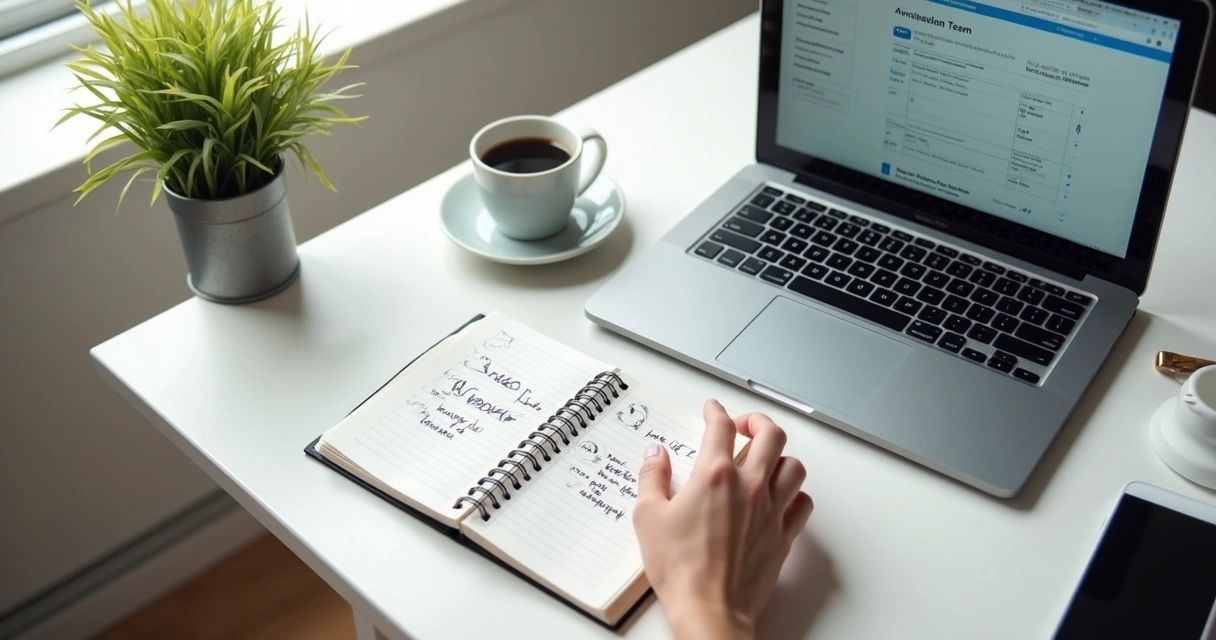 Laptop with virtual team check-in and handwritten notes on emotions 