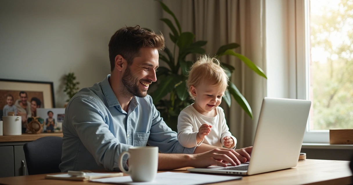 Man at home office pausing work to greet child, laptop open, soft morning light.