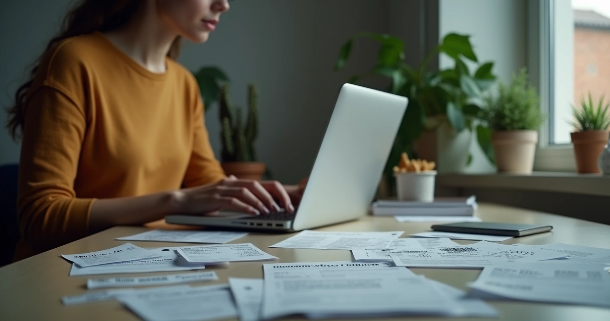 Person working online surrounded by receipts and fee notices 
