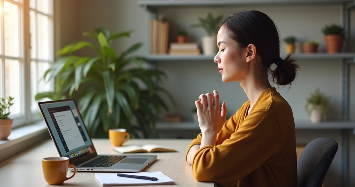 Remote worker pausing before making a decision at a home desk