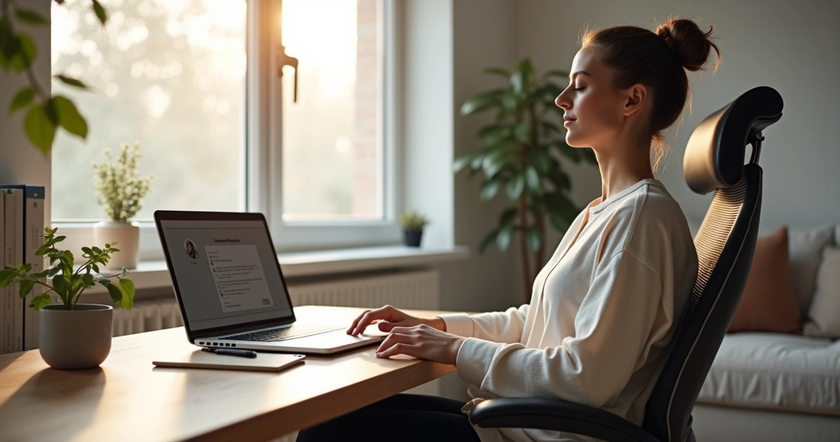 Person working remotely at a laptop practicing mindful presence with a calm home office setup 
