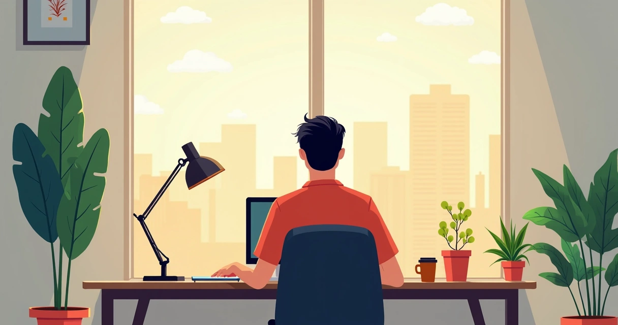 Filipino remote worker using laptop at home office, tropical view from window. 