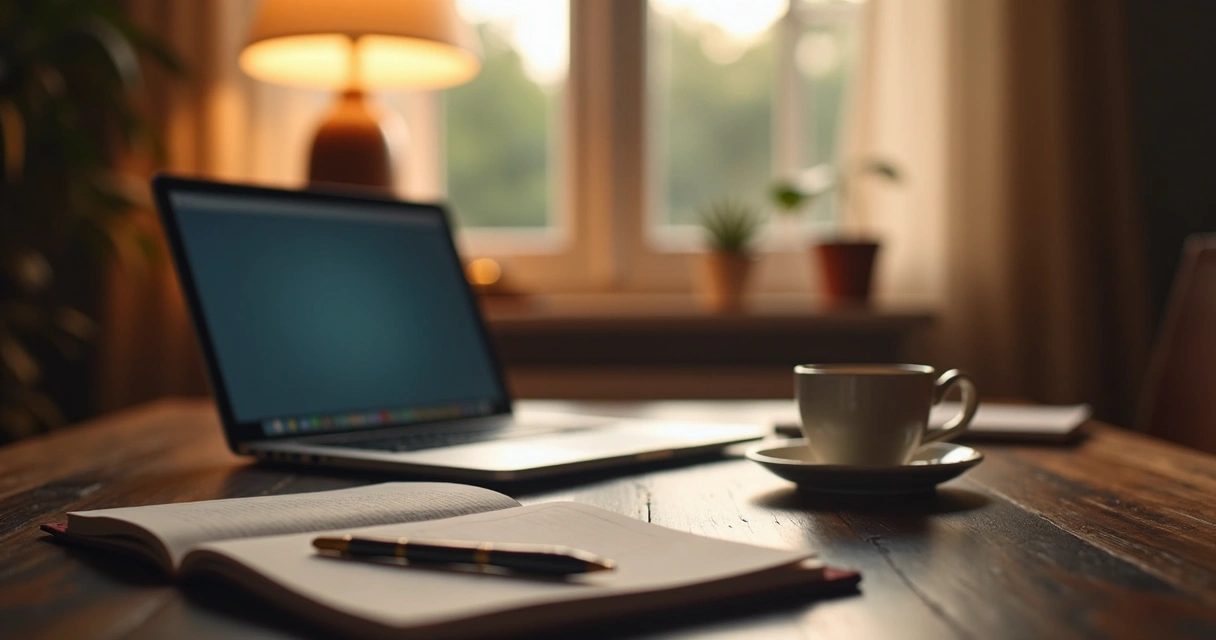 Desk setup with notebook, tea, and laptop closed after a remote workday