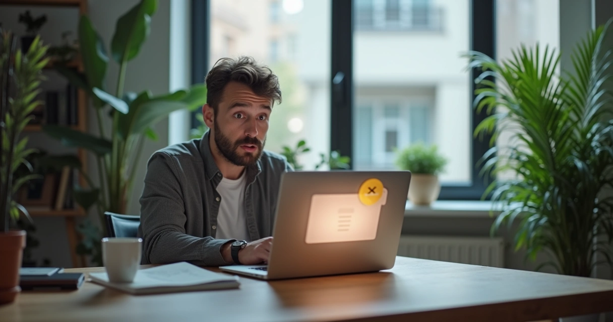 Remote worker at computer reacting with surprise to a message notification 